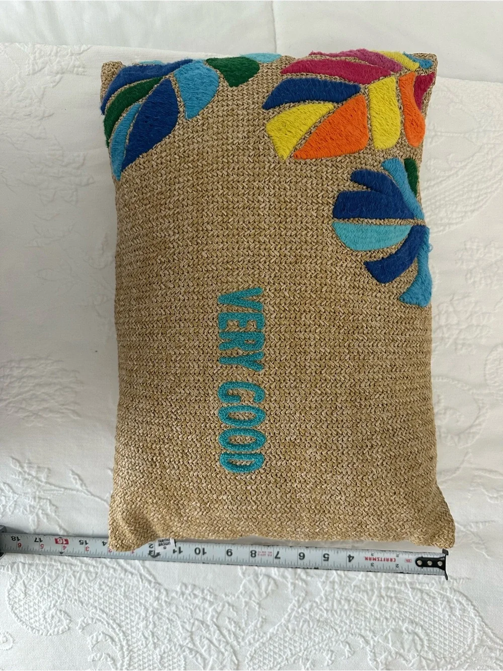 Embroidered Straw Accent Target Pillow - 'VERY GOOD' with Bright Leaf Motif